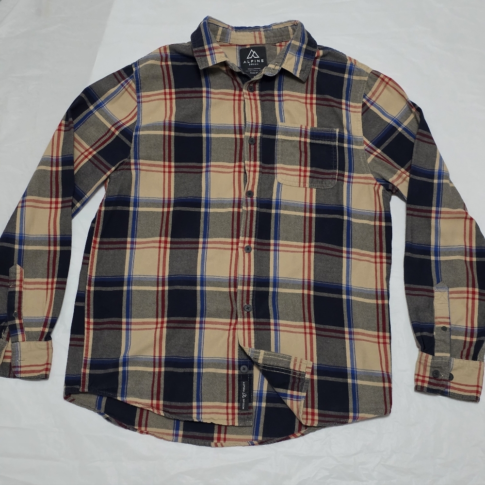 Alpine Navy and Beige Plaid Button Down Mens Flannel Shirt